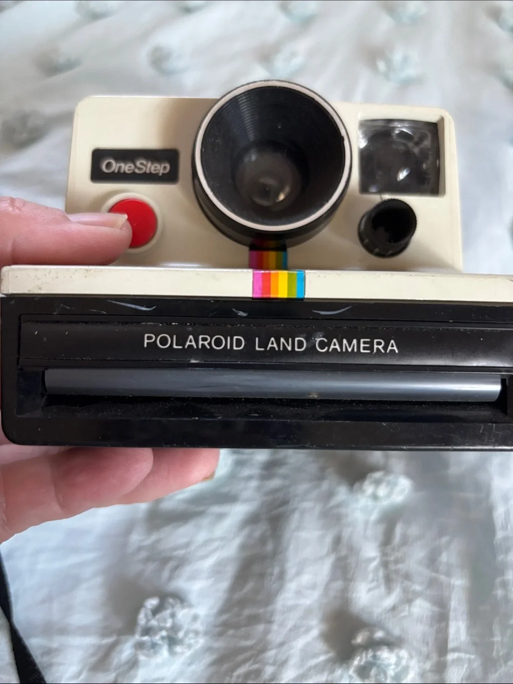 Polaroid OneStep Instant Camera in White with Rainbow Stripe and Red Shutter